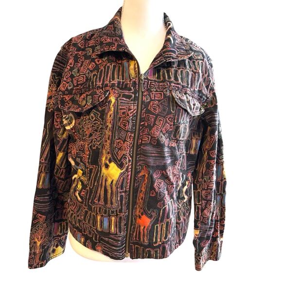 Chicos Jackets & Blazers - Chicos Giraffe Safari Zip Jacket Sz 1 Wo linen blend southwestern tribal novelty